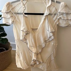 100% Silk Karen Miller Cream Ruffle Neck Blouse